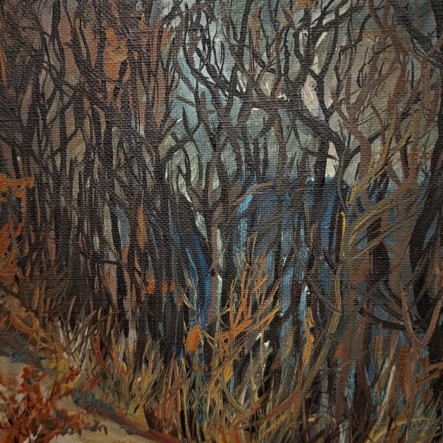 Vintage Autumn Landscape Oil Painting, Signed Gold Framed Original Artwork, Forest Path Scene, Mid Century Wall Decor, Rustic Farmhouse Art