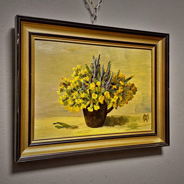 Small Vintage Floral Oil Painting, Yellow Flowers Still Life, Signed German Artwork, Framed Kitchen Wall Decor, Cottagecore Home Art