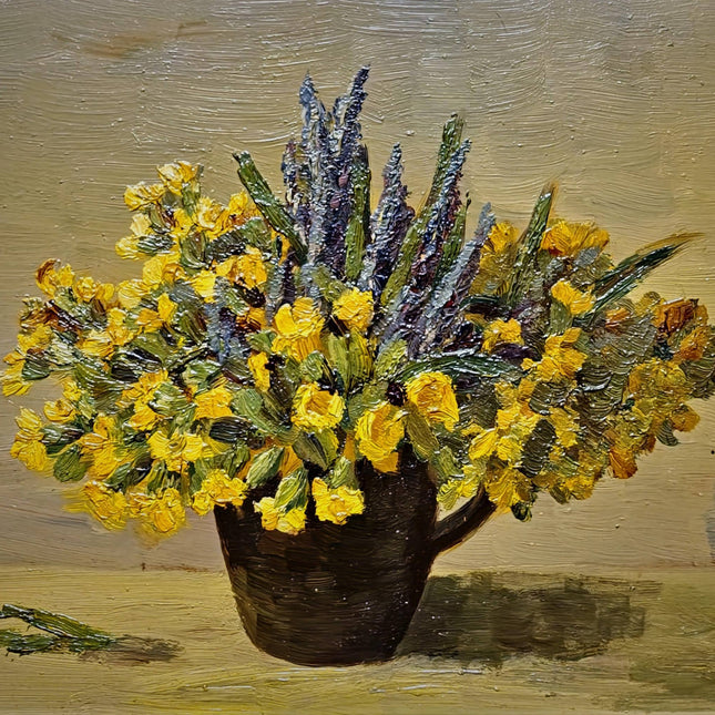 Small Vintage Floral Oil Painting, Yellow Flowers Still Life, Signed German Artwork, Framed Kitchen Wall Decor, Cottagecore Home Art