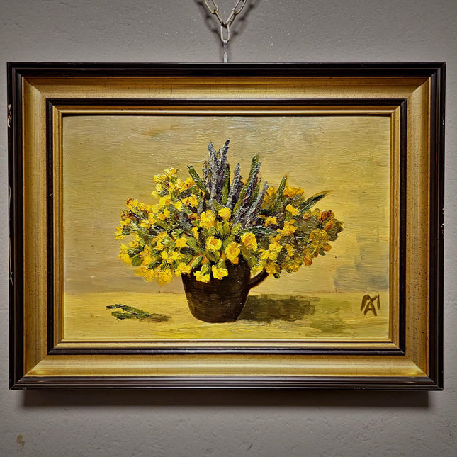 Small Vintage Floral Oil Painting, Yellow Flowers Still Life, Signed German Artwork, Framed Kitchen Wall Decor, Cottagecore Home Art