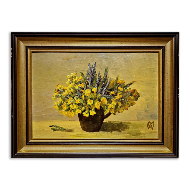 Small Vintage Floral Oil Painting, Yellow Flowers Still Life, Signed German Artwork, Framed Kitchen Wall Decor, Cottagecore Home Art