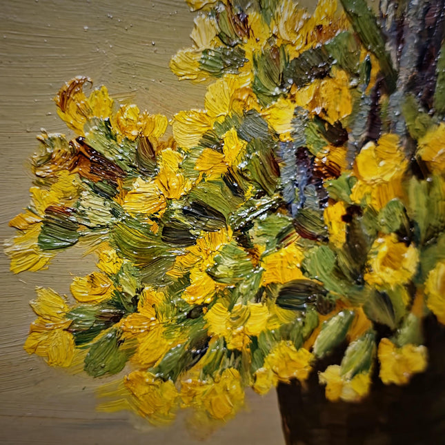 Small Vintage Floral Oil Painting, Yellow Flowers Still Life, Signed German Artwork, Framed Kitchen Wall Decor, Cottagecore Home Art