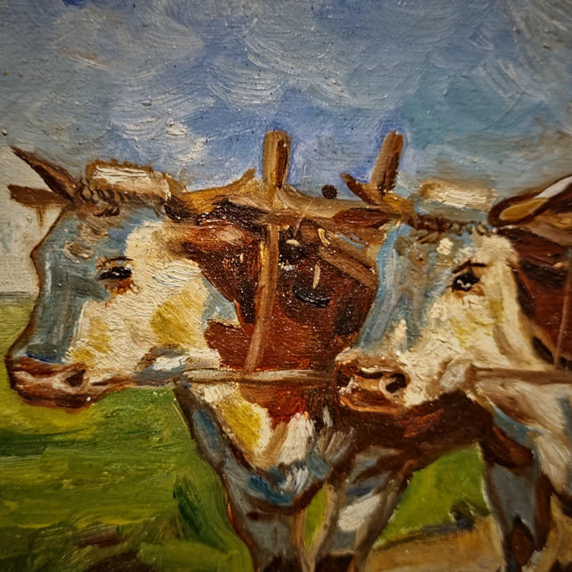 Vintage Farm Life Oil Painting, Oxen Cart Scene, Framed Farmhouse Wall Decor, Signed European Rural Artwork, Rustic Countryside Art