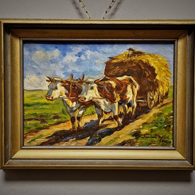 Vintage Farm Life Oil Painting, Oxen Cart Scene, Framed Farmhouse Wall Decor, Signed European Rural Artwork, Rustic Countryside Art