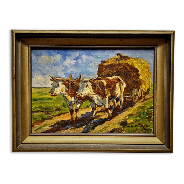 Vintage Farm Life Oil Painting, Oxen Cart Scene, Framed Farmhouse Wall Decor, Signed European Rural Artwork, Rustic Countryside Art