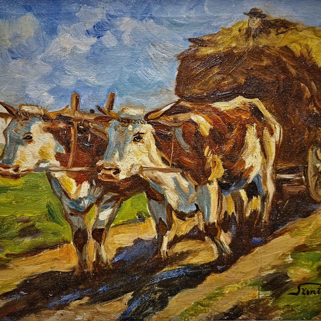 Vintage Farm Life Oil Painting, Oxen Cart Scene, Framed Farmhouse Wall Decor, Signed European Rural Artwork, Rustic Countryside Art