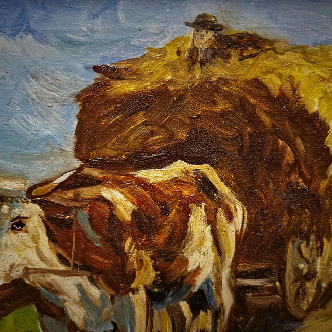 Vintage Farm Life Oil Painting, Oxen Cart Scene, Framed Farmhouse Wall Decor, Signed European Rural Artwork, Rustic Countryside Art