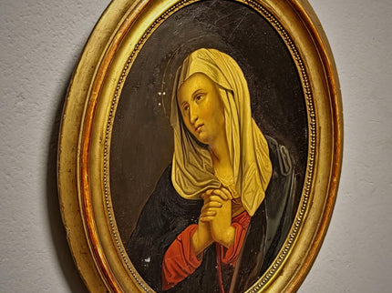 Antique Madonna Oil Painting, Virgin Mary Portrait, Catholic Devotional Art, Oval Framed Wall Decor, 19th Century Sacred Artwork