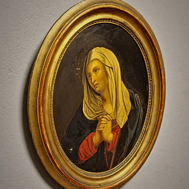 Antique Madonna Oil Painting, Virgin Mary Portrait, Catholic Devotional Art, Oval Framed Wall Decor, 19th Century Sacred Artwork