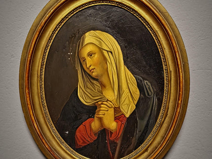 Antique Madonna Oil Painting, Virgin Mary Portrait, Catholic Devotional Art, Oval Framed Wall Decor, 19th Century Sacred Artwork