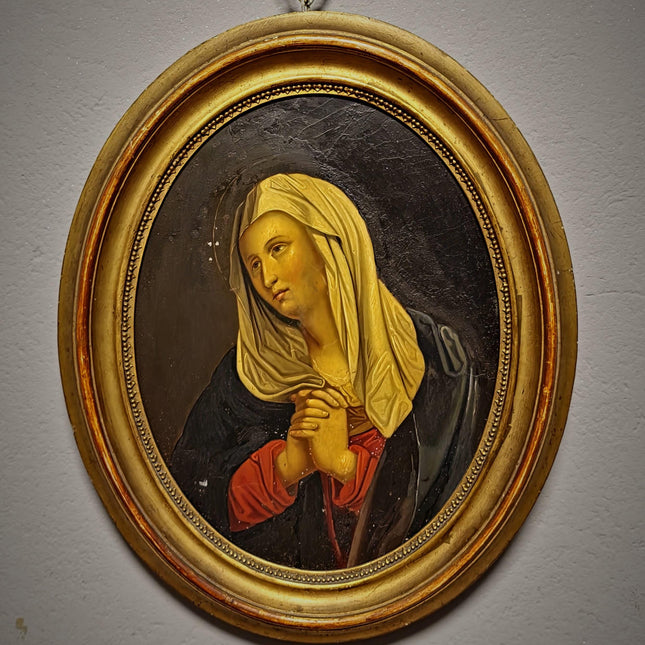Antique Madonna Oil Painting, Virgin Mary Portrait, Catholic Devotional Art, Oval Framed Wall Decor, 19th Century Sacred Artwork