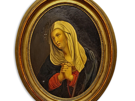 Antique Madonna Oil Painting, Virgin Mary Portrait, Catholic Devotional Art, Oval Framed Wall Decor, 19th Century Sacred Artwork