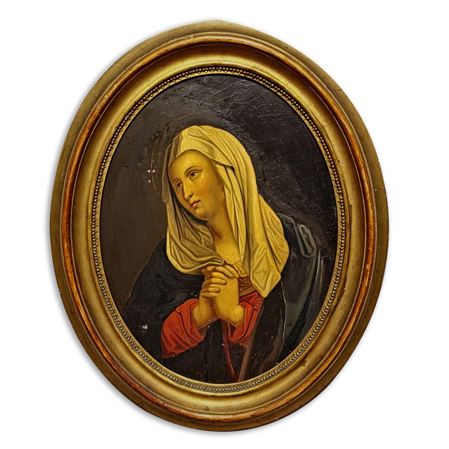 Antique Madonna Oil Painting, Virgin Mary Portrait, Catholic Devotional Art, Oval Framed Wall Decor, 19th Century Sacred Artwork