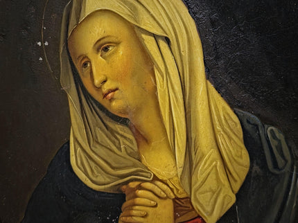 Antique Madonna Oil Painting, Virgin Mary Portrait, Catholic Devotional Art, Oval Framed Wall Decor, 19th Century Sacred Artwork