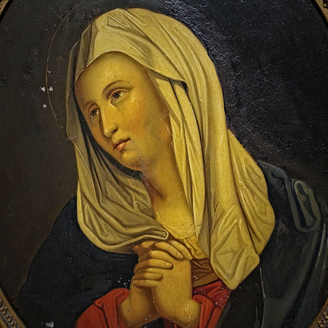 Antique Madonna Oil Painting, Virgin Mary Portrait, Catholic Devotional Art, Oval Framed Wall Decor, 19th Century Sacred Artwork