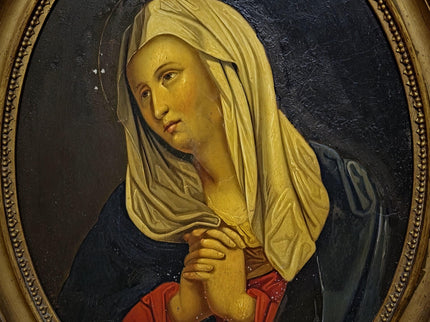 Antique Madonna Oil Painting, Virgin Mary Portrait, Catholic Devotional Art, Oval Framed Wall Decor, 19th Century Sacred Artwork