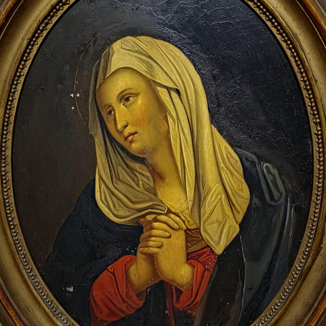 Antique Madonna Oil Painting, Virgin Mary Portrait, Catholic Devotional Art, Oval Framed Wall Decor, 19th Century Sacred Artwork