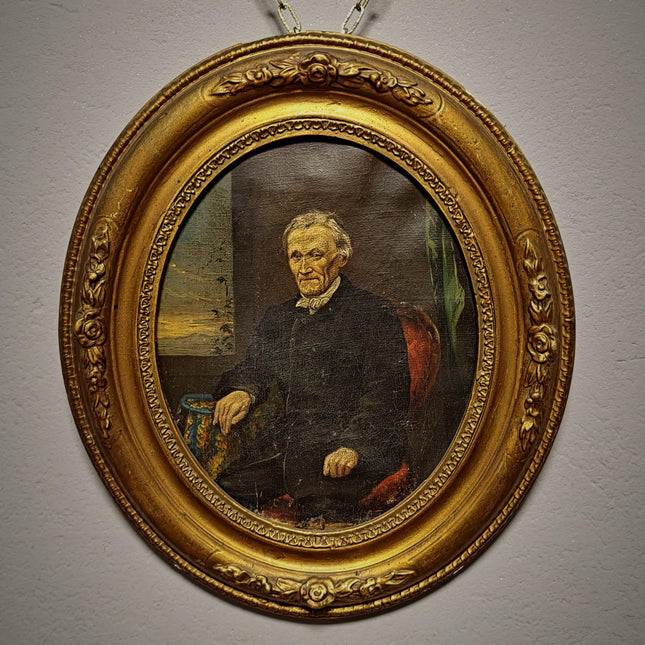 Antique German Gentleman Portrait, 19th Century Character Oil Painting, Original Oval Framed Wall Art, Dark Academia Decor, Victorian Style