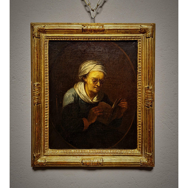 Rare 18th Century Dutch Oil Painting, Old Woman Reading With Glasses, Genre Scene Original Artwork, Old Master Style, Dark Academia Decor