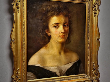 Antique German Portrait Oil Painting, 19th Century Academic Woman Portrait, Romantic Female Figure, Large Framed European Artwork