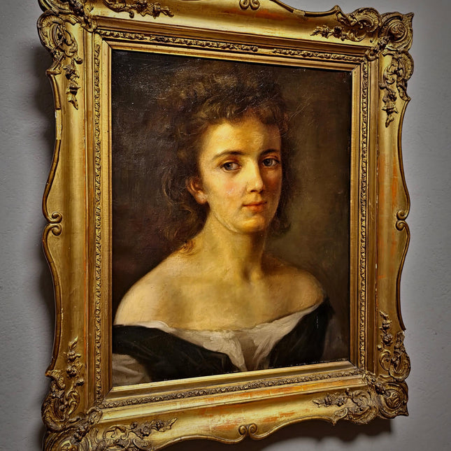 Antique German Portrait Oil Painting, 19th Century Academic Woman Portrait, Romantic Female Figure, Large Framed European Artwork
