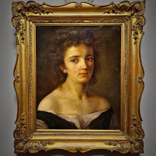 Antique German Portrait Oil Painting, 19th Century Academic Woman Portrait, Romantic Female Figure, Large Framed European Artwork
