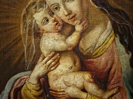 Antique Religious Painting, Madonna And Child Art, Baroque Oil On Canvas, 18th Century Artwork, Sacred Framed Wall Decor, Christian Icon