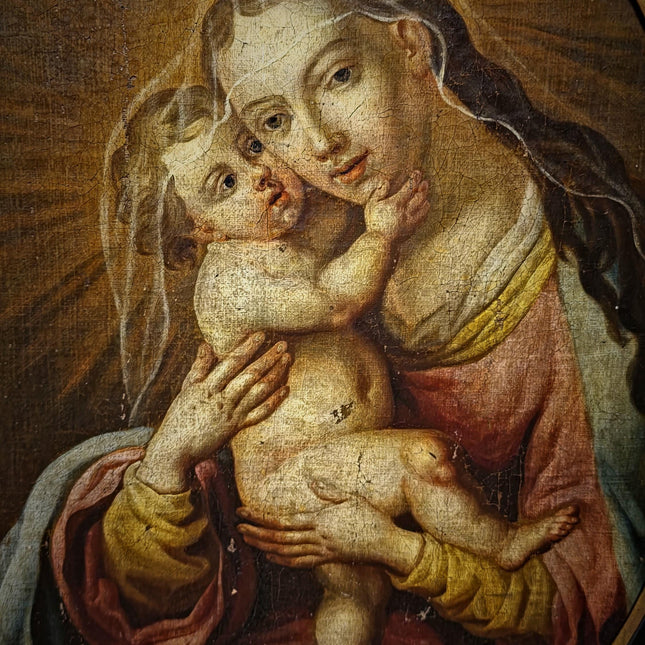 Antique Religious Painting, Madonna And Child Art, Baroque Oil On Canvas, 18th Century Artwork, Sacred Framed Wall Decor, Christian Icon