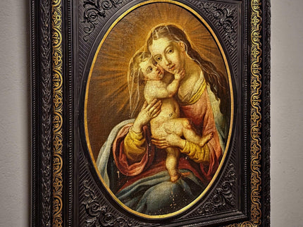 Antique Religious Painting, Madonna And Child Art, Baroque Oil On Canvas, 18th Century Artwork, Sacred Framed Wall Decor, Christian Icon