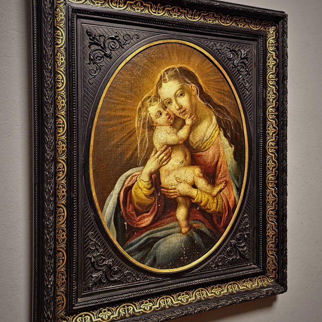 Antique Religious Painting, Madonna And Child Art, Baroque Oil On Canvas, 18th Century Artwork, Sacred Framed Wall Decor, Christian Icon