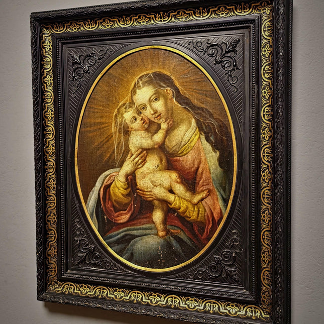 Antique Religious Painting, Madonna And Child Art, Baroque Oil On Canvas, 18th Century Artwork, Sacred Framed Wall Decor, Christian Icon