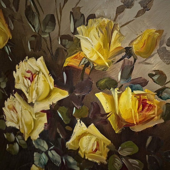 Large Vintage Floral Oil Painting, Yellow Roses Still Life, Signed Flower Bouquet Artwork, Framed Wall Decor, Original Mid Century Fine Art