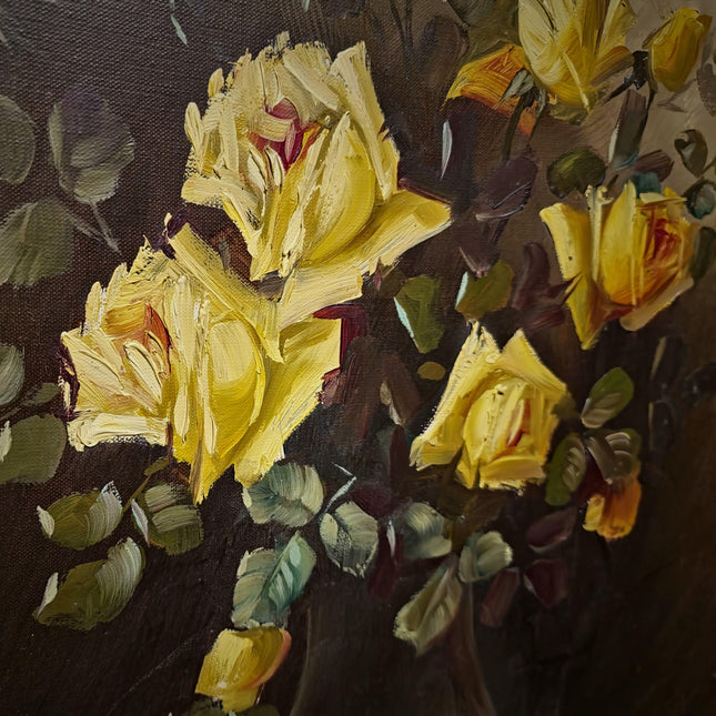 Large Vintage Floral Oil Painting, Yellow Roses Still Life, Signed Flower Bouquet Artwork, Framed Wall Decor, Original Mid Century Fine Art