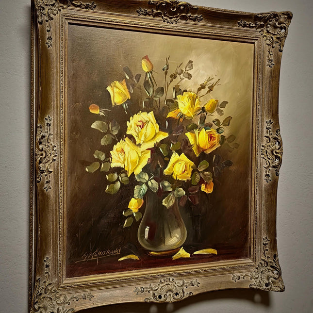Large Vintage Floral Oil Painting, Yellow Roses Still Life, Signed Flower Bouquet Artwork, Framed Wall Decor, Original Mid Century Fine Art