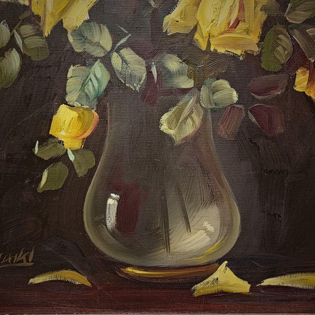 Large Vintage Floral Oil Painting, Yellow Roses Still Life, Signed Flower Bouquet Artwork, Framed Wall Decor, Original Mid Century Fine Art