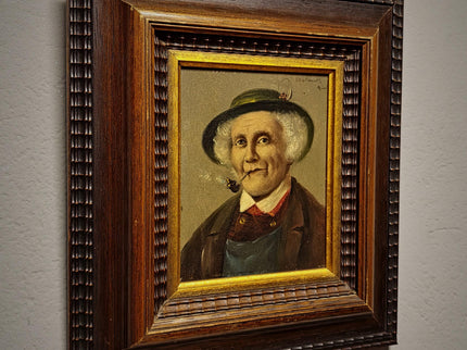 Antique Gentleman With Pipe Oil Painting, Original Framed Artwork, 19th Century Character Portrait, German Male Art, Dark Academia Decor