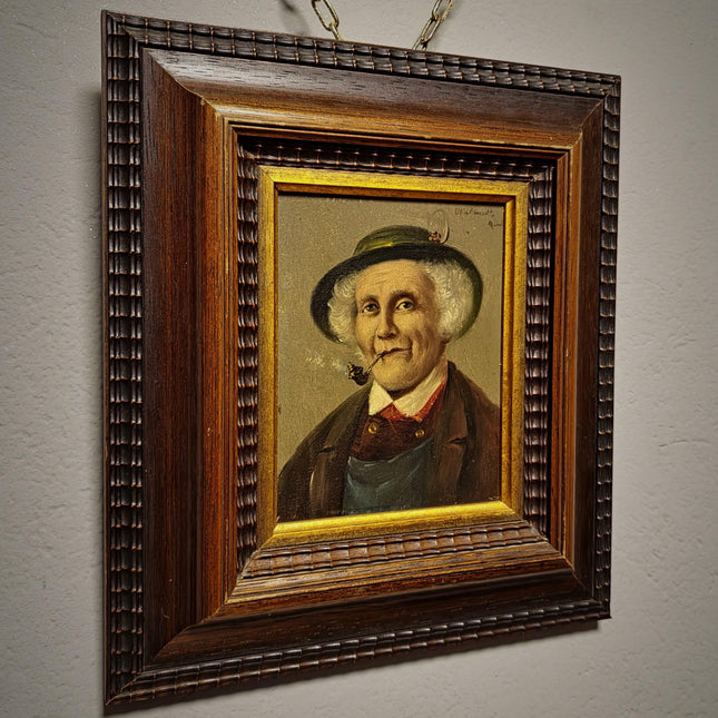 Antique Gentleman With Pipe Oil Painting, Original Framed Artwork, 19th Century Character Portrait, German Male Art, Dark Academia Decor