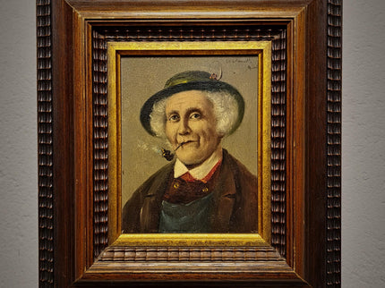 Antique Gentleman With Pipe Oil Painting, Original Framed Artwork, 19th Century Character Portrait, German Male Art, Dark Academia Decor