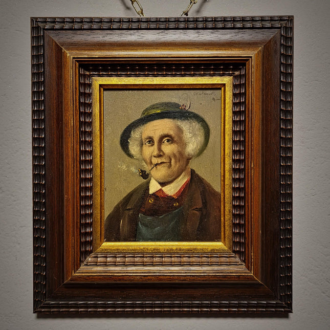 Antique Gentleman With Pipe Oil Painting, Original Framed Artwork, 19th Century Character Portrait, German Male Art, Dark Academia Decor