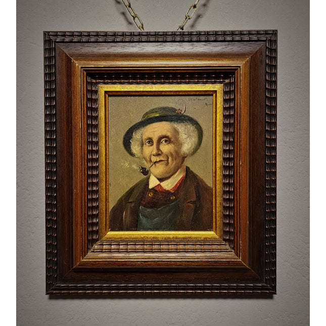 Antique Gentleman With Pipe Oil Painting, Original Framed Artwork, 19th Century Character Portrait, German Male Art, Dark Academia Decor