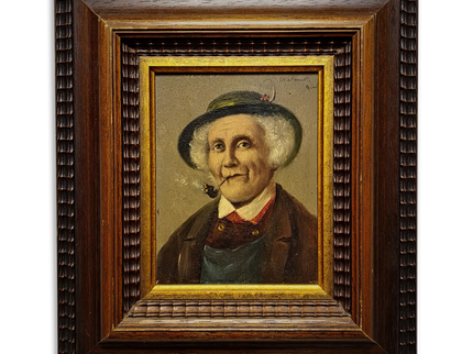 Antique Gentleman With Pipe Oil Painting, Original Framed Artwork, 19th Century Character Portrait, German Male Art, Dark Academia Decor