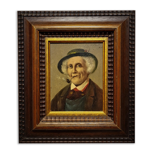Antique Gentleman With Pipe Oil Painting, Original Framed Artwork, 19th Century Character Portrait, German Male Art, Dark Academia Decor