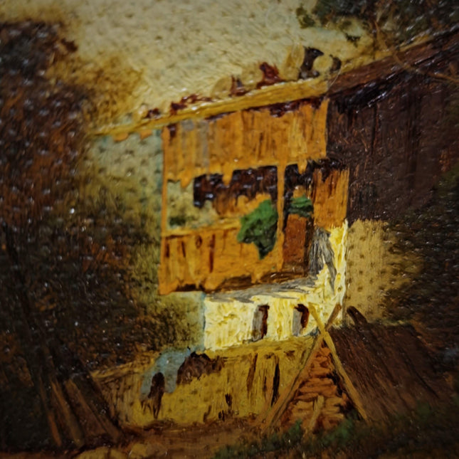 Small Antique German Landscape Painting, Cottage By River, Signed Rustic Artwork, Framed Countryside Wall Decor, European Rural Scene