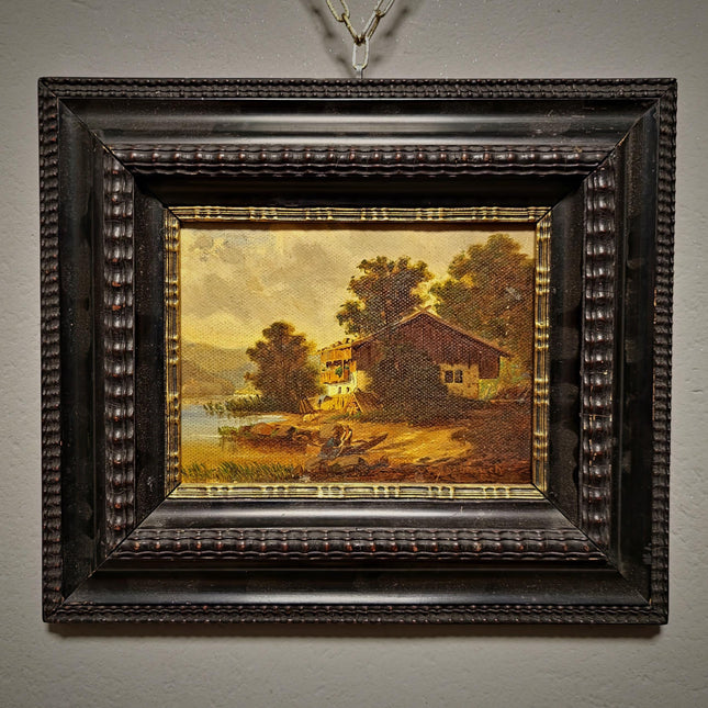 Small Antique German Landscape Painting, Cottage By River, Signed Rustic Artwork, Framed Countryside Wall Decor, European Rural Scene