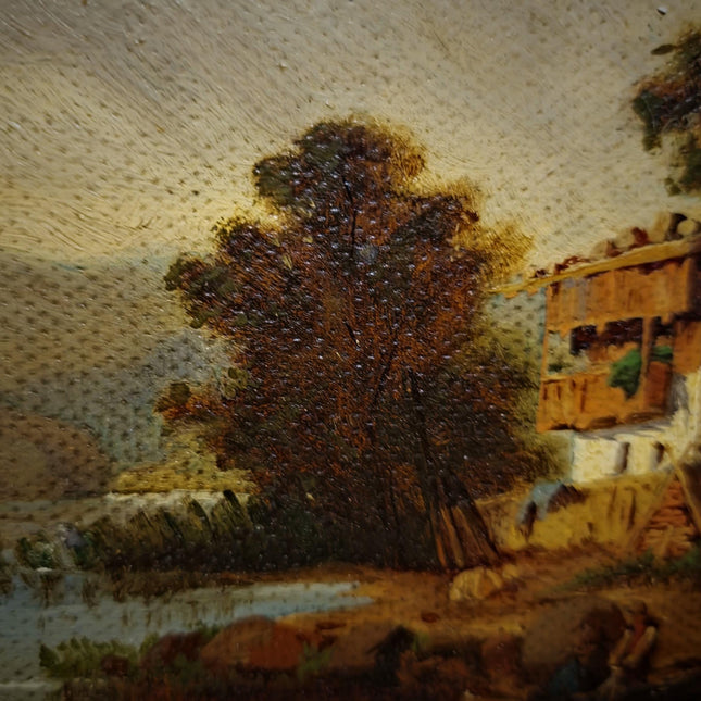 Small Antique German Landscape Painting, Cottage By River, Signed Rustic Artwork, Framed Countryside Wall Decor, European Rural Scene