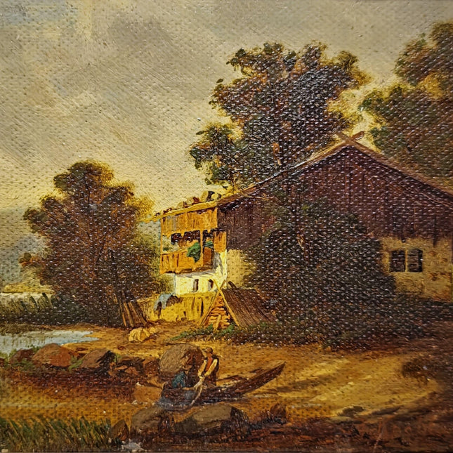 Small Antique German Landscape Painting, Cottage By River, Signed Rustic Artwork, Framed Countryside Wall Decor, European Rural Scene
