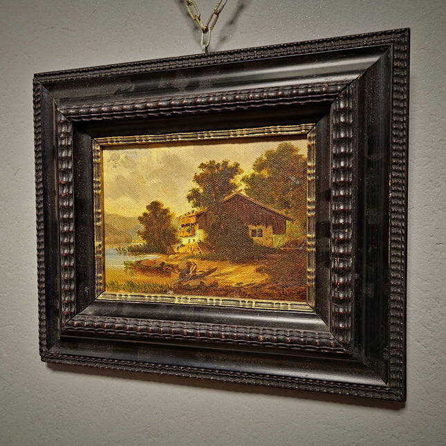 Small Antique German Landscape Painting, Cottage By River, Signed Rustic Artwork, Framed Countryside Wall Decor, European Rural Scene