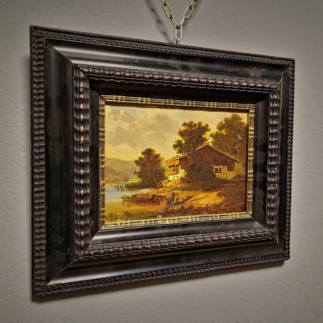 Small Antique German Landscape Painting, Cottage By River, Signed Rustic Artwork, Framed Countryside Wall Decor, European Rural Scene