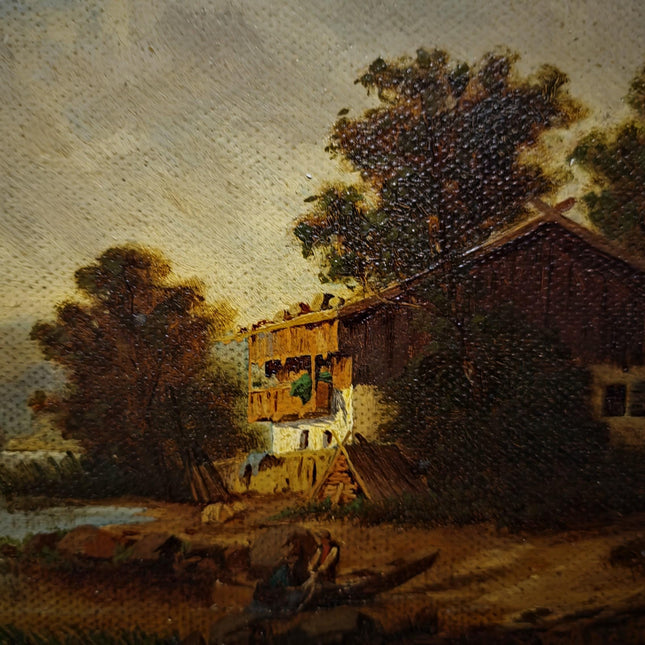 Small Antique German Landscape Painting, Cottage By River, Signed Rustic Artwork, Framed Countryside Wall Decor, European Rural Scene