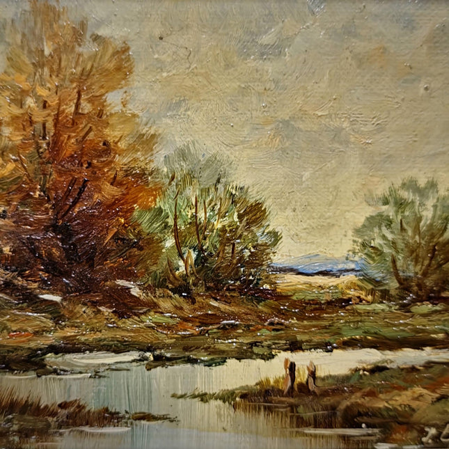 Vintage Autumn Landscape Oil Painting, Original Signed Artwork, European River Scene, Framed Rustic Wall Art, Farmhouse Decor